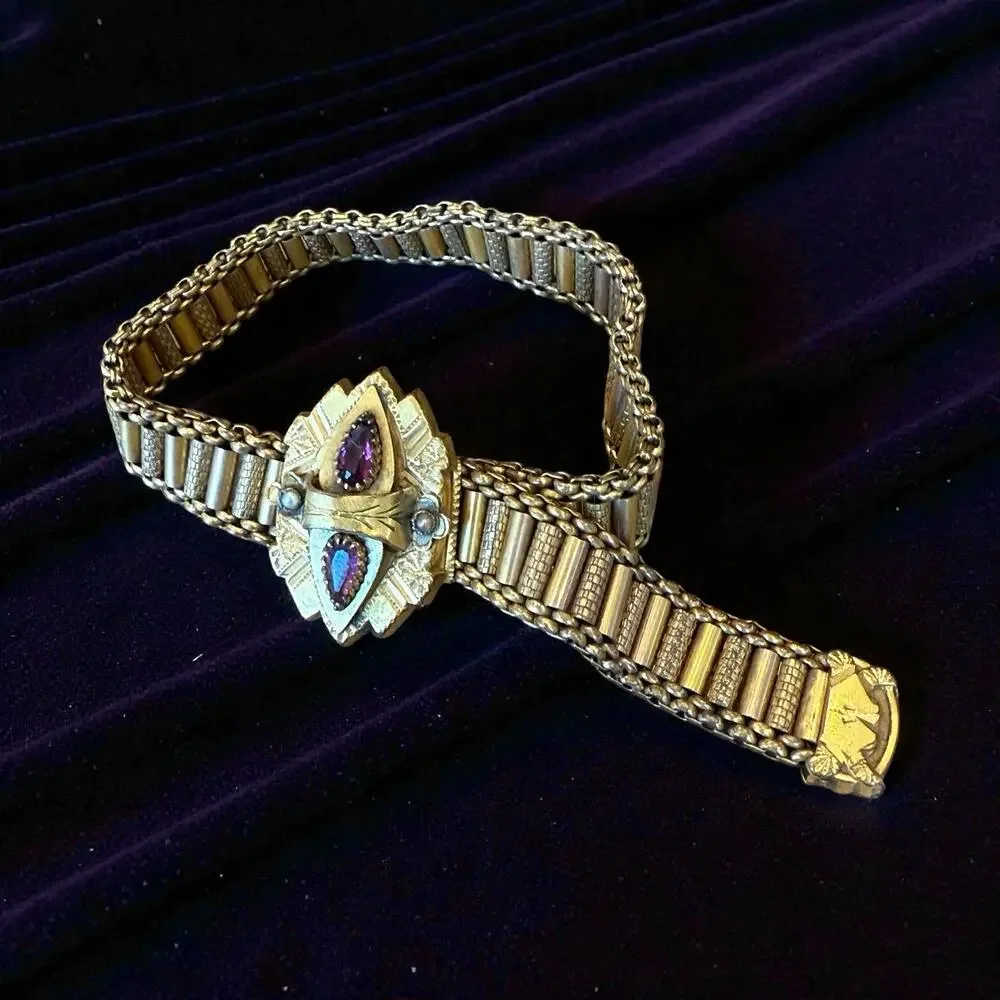 Antique Victorian Gold Filled Mesh Slide Bracelet Amethyst Glass Seed Pearl 1882 - Picture 7 of 13